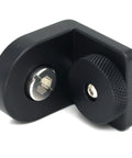 Mini Right Angle L-Shape Bracket Mount Plate Kit With 3/8-16 And 1/4-20 Screws close-up of black aluminum camera mounting accessory.
