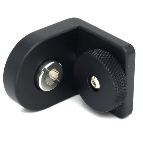 Mini Right Angle L-Shape Bracket Mount Plate Kit With 3/8-16 And 1/4-20 Screws close-up of black aluminum camera mounting accessory.