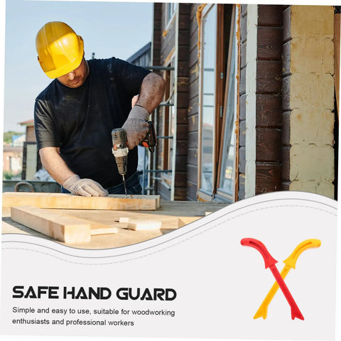 Worker drilling with two piece woodworking safety push stick set yellow and red gripper blocks for carpentry table saw router jointer and shaper