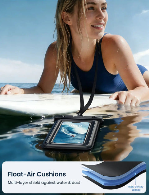 Woman with IP68 Floating Waterproof Phone Pouch Two Pack With Lanyard For Four To Eight Point Five Inch iPhone And Galaxy Phones