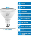 Motion Sensor LED Bulbs For Outdoor And Indoor Use, 15W Flood Light Equivalent To 100W, 1200 Lumens, 6000K Daylight, PIR Infrared Sensor, E26 Socket, PAR38 Style, Weatherproof, Dusk To Dawn, Easy Plug And Play, Four Pack, E26 base