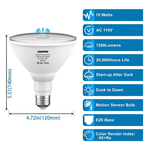Motion Sensor LED Bulbs For Outdoor And Indoor Use, 15W Flood Light Equivalent To 100W, 1200 Lumens, 6000K Daylight, PIR Infrared Sensor, E26 Socket, PAR38 Style, Weatherproof, Dusk To Dawn, Easy Plug And Play, Four Pack, E26 base