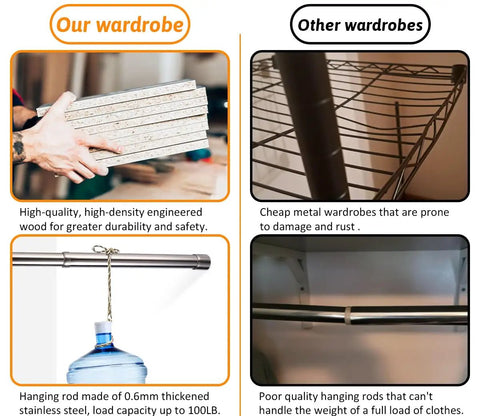 Rock Solid 8 Foot Modular Closet Organizer With 12 Hanging Rods And Extra Wall Shelf showcases engineered wood and thick stainless steel rods.