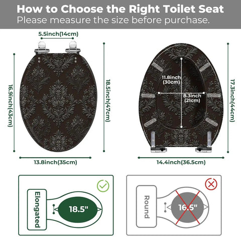 Elongated Gothic Resin Toilet Seat for Bathroom dimensions and installation guide, measuring 18.5 inches in length.