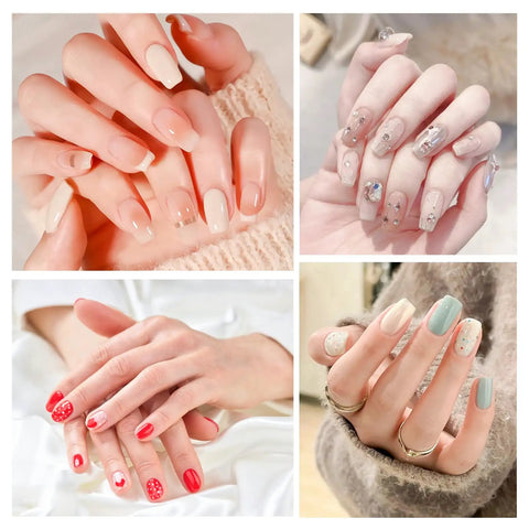 Various nail art designs created with Dual Ended Hard Gel Nail Brush For Builder Gel And Polygel, featuring rhinestone handle.