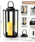 Outdoor Solar Powered Lantern With Flameless Candle 18 Inch Black Metal And Glass shown with features and measurements