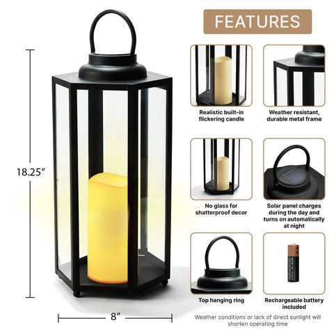 Outdoor Solar Powered Lantern With Flameless Candle 18 Inch Black Metal And Glass shown with features and measurements