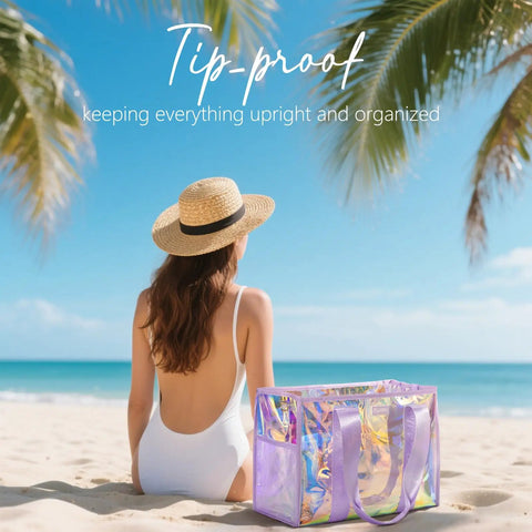 Woman on beach with 3-In-1 Iridescent Clear Beach Tote Set With Zipper Waterproof Phone Pouch And Makeup Bag For Women in sandproof bag