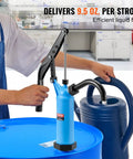 Straight Up Dead Simple Lever Action Drum Pump fits 5 to 55 gallon barrels in use, delivering 9.5 oz per stroke.