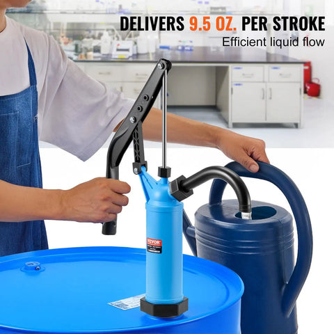 Straight Up Dead Simple Lever Action Drum Pump fits 5 to 55 gallon barrels in use, delivering 9.5 oz per stroke.