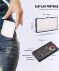 Portable Full Color RGB Video Light 8W With Adjustable 2700K to 7500K Temperature 17 Scene Options CRI 97, shown in hand.