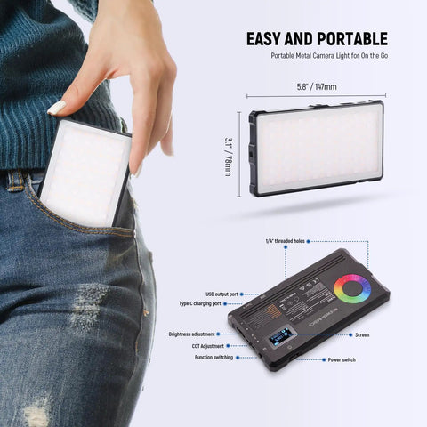 Portable Full Color RGB Video Light 8W With Adjustable 2700K to 7500K Temperature 17 Scene Options CRI 97, shown in hand.