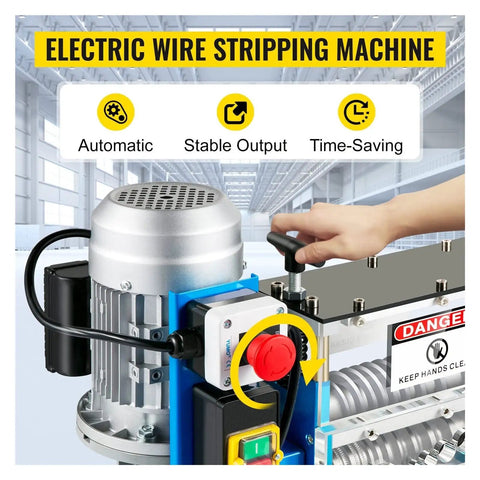 Heavy Duty Electric Wire Stripper Machine 370 Watt High Speed Cable Cutter showing motor controls and safety features.
