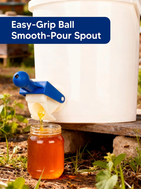 Plastic Honey Gate Valve For Buckets, Two Pack With Screwdriver, shown in use on a white bucket pouring honey into a jar, easy to install.