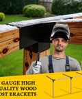 Man installing 15 Degree 4 Way Pergola Bracket Kit for 4x4 Posts to Beams, heavy duty 13 gauge bracket in outdoor setting