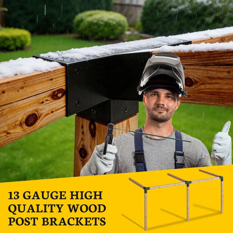 Man installing 15 Degree 4 Way Pergola Bracket Kit for 4x4 Posts to Beams, heavy duty 13 gauge bracket in outdoor setting