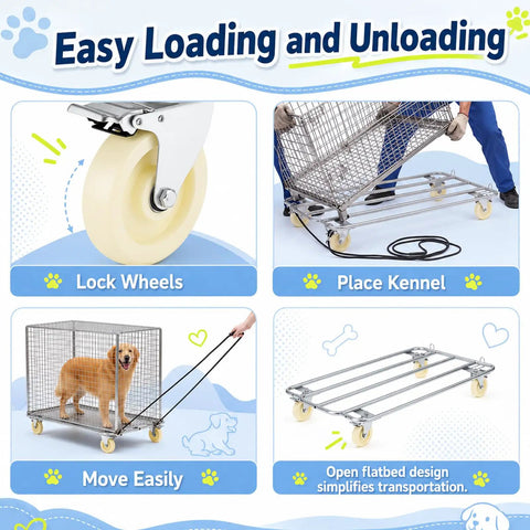 Heavy Duty Dog Crate Dolly With Rollin Wheels And Polished Chrome Casters 42 By 24 Inch showing locking wheels and easy movement.