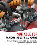 Close-up of 12 Pack Three Eighth Inch Hydraulic Hose Fittings With One Half Inch JIC 37 Degree Female Swivel End And Protection Cover Crimp Kit For Three Eighth Inch ID Hoses in industrial setup.