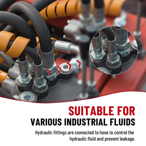 Close-up of 12 Pack Three Eighth Inch Hydraulic Hose Fittings With One Half Inch JIC 37 Degree Female Swivel End And Protection Cover Crimp Kit For Three Eighth Inch ID Hoses in industrial setup.