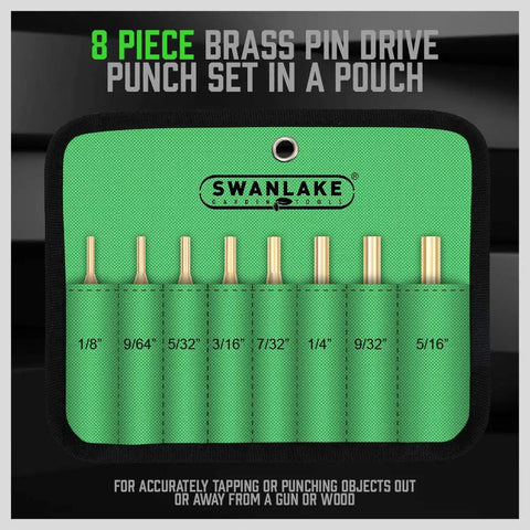 8 Piece Brass Punch Set For Pin Driving And Removal From One Eighth Inch To Five Sixteenths Inch Non Marring in green pouch