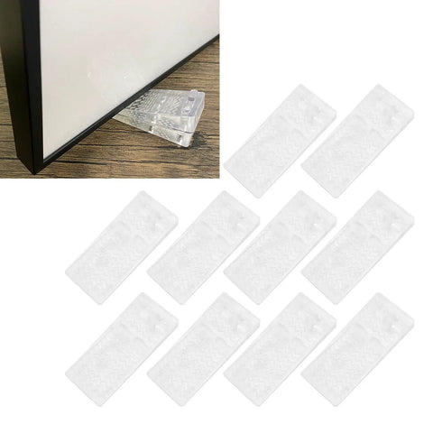 Transparent Door Stopper Set Of 10 Non Slip Holders shown under door, high friction quadrate shape, 4 by 9.4 cm, no tools needed