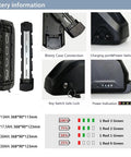 Battery details for BBSHD Mid Drive Ebike Conversion Kit 48V 52V 500W 750W 1000W with sizes, capacity, and power indicators.