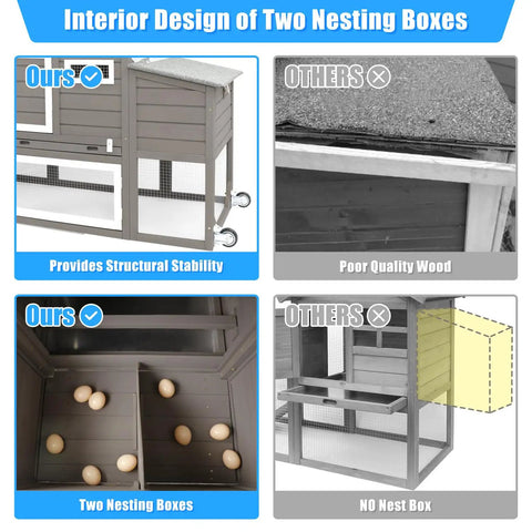 Comparison of wooden chicken coop nesting box interior designs showing quality and stability features.