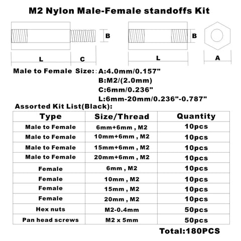 M2 Nylon Male-Female standoffs Kit details with sizes and quantities for electronics use, Heavy Duty M2 Brass Hex Spacer Standoff Screw And Matched Nut Assortment Kit Packs Neatly Into A Rugged Plastic Case Built For Your Toughest Electronics Builds And No Sweat Fixes.