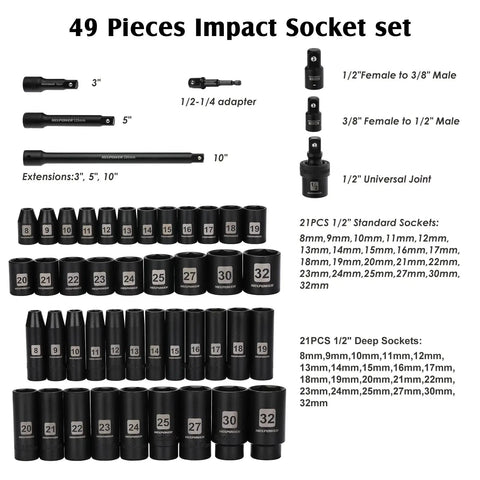 Beefy 49 Piece One Half Inch Drive Impact Socket Set With Deep And Shallow Sockets Metric 8mm To 32mm CRV Steel displayed