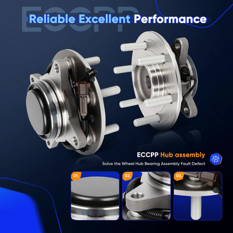 Front and side view of Front Wheel Hub Bearing Assembly Fits 2018-2019 Ford Expedition, 2018-2019 Ford F-150, And 2018-2019 Lincoln Navigator, ABS Sensor Wire Included, OE 515176 Style Hub Replacement, Durable, Easy Install.