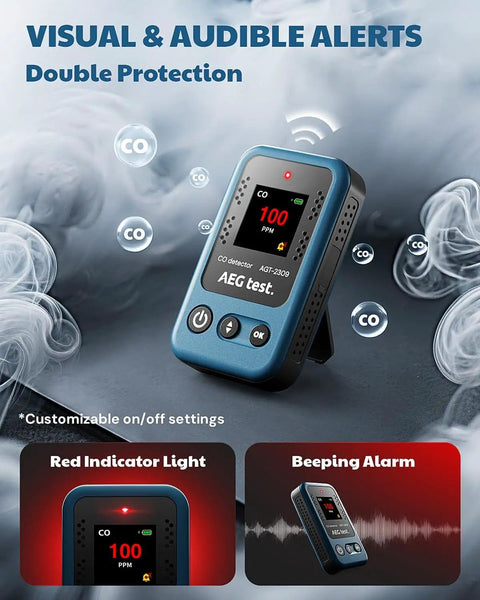 Portable Carbon Monoxide Detector With 15 Day Standby, Rechargeable Mini CO Monitor For Travel And Camping, handheld blue device with digital display showing 100 PPM.