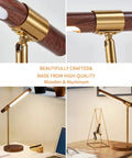 LED Wood Grain Desk Lamp With Wireless Charger And USB Port For Home Office, gold stand, close-up view and room setup