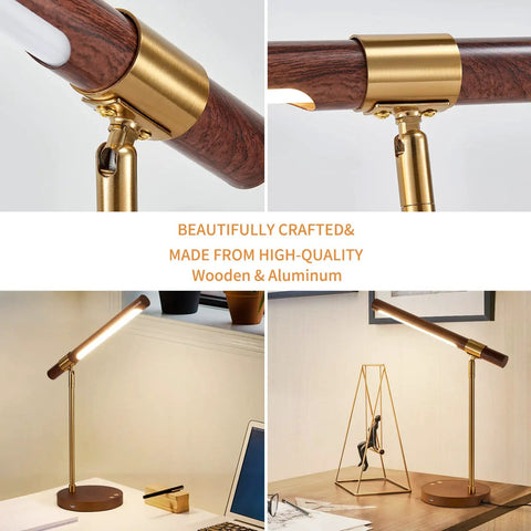 LED Wood Grain Desk Lamp With Wireless Charger And USB Port For Home Office, gold stand, close-up view and room setup
