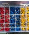 Solid 500pc Assortment Of Insulated Spade Terminals And Fork Lugs For Electrical Wiring Crimping Job With Heavy Duty Pliers And Butt Rings Included In This Rolling Kit That Makes Any Garage Project Easy To Handle Like A Pro.. organizer with red, blue, yellow terminals