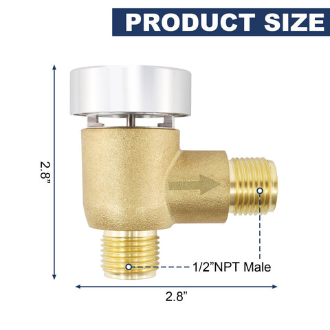 Brass RV Vacuum Breaker Check Valve with dimensions for gray water black tank flush system replacement, 2.8 inches tall.