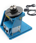Heavy Badass Cast Iron Rotary Welding Positioner With Adjustable Zero To Ninety Degree Foot Pedal Tilt Table, blue frame and chuck visible.