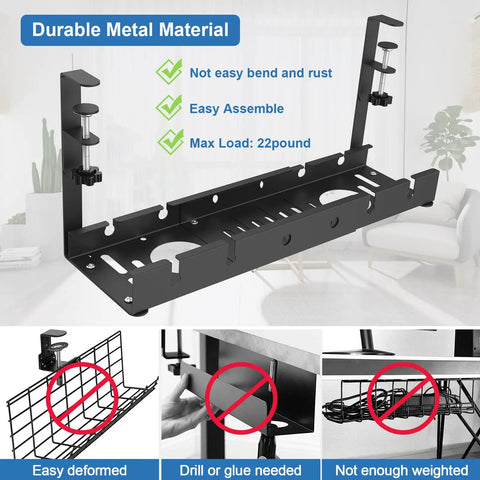 Under Desk Cable Management Tray With Retractable Cord Organizer, No-Drill Metal Cable Basket With Clamp For Home Office Wire Management