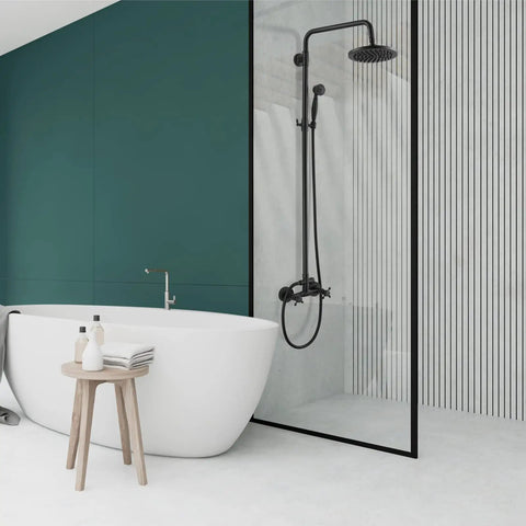Exposed Pipe Shower System with 8 Inch Rainfall Head, Brass Fixture, Matte Black Finish, Dual Handles, in modern bathroom setting.