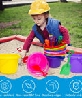 Child playing with 12 Pack Kids Sand Buckets And Shovels Set With 7.48 Inch Buckets And Shovels Bright Beach Toys BPA Free ABS Plastic