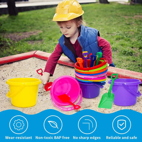 Child playing with 12 Pack Kids Sand Buckets And Shovels Set With 7.48 Inch Buckets And Shovels Bright Beach Toys BPA Free ABS Plastic