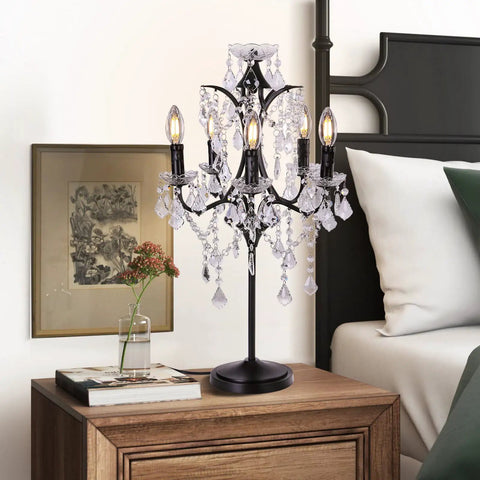 Dope Farmhouse Crystal Table Lamp With Five Candelabra Lights Black Finish 30 Inches Tall next to bed with decor