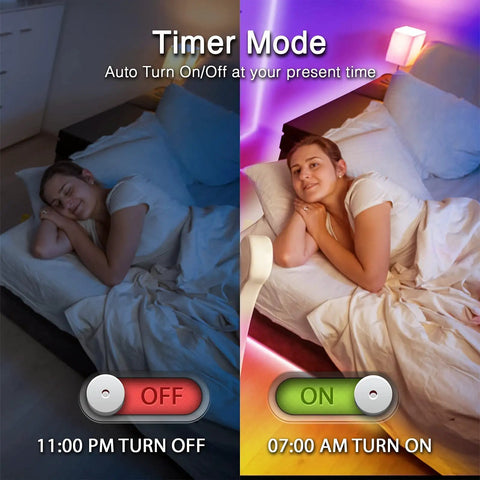 100 Ft Bluetooth LED Strip Lights With Music Sync And Color Changing 5050 RGB Tape Lighting in bedroom showing timer mode