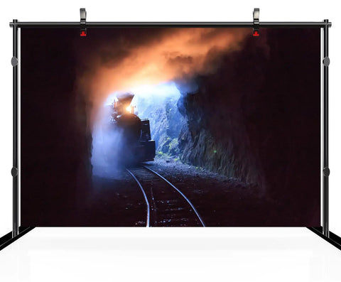 Massive 118x78 Inch Steam Train Tapestry With Wood Burning Locomotive Theme for Bedroom, tunnel view with smoke and steam