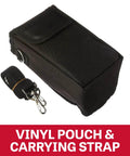 Black vinyl pouch and carrying strap for Compact Lever Hoist One Quarter Ton With Ten Foot Lift, showing metal clips and sturdy fabric.