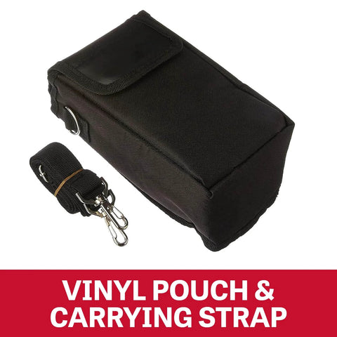 Black vinyl pouch and carrying strap for Compact Lever Hoist One Quarter Ton With Ten Foot Lift, showing metal clips and sturdy fabric.