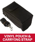 Black vinyl pouch with carrying strap and metal clips.