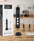 3-In-1 No-Fuss Rechargeable Milk Frother with stand and 3 stainless steel whisks for lattes and cappuccinos.