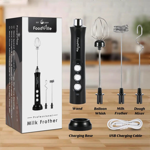 3-In-1 No-Fuss Rechargeable Milk Frother with stand and 3 stainless steel whisks for lattes and cappuccinos.
