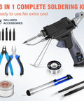 Auto Feed Soldering Gun Kit With LCD Display And Hands Free Operation Plus Minus 1C Precision Temperature Control 8 In 1 Electronics Repair Set With Wire Pump Tip Cleaner 5 Tips For PCB SMD DIY showing parts and accessories