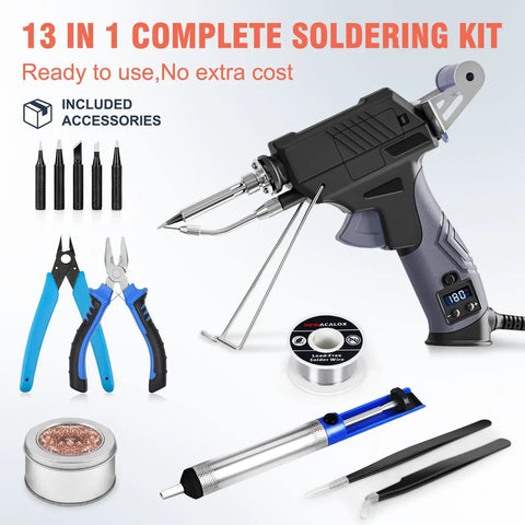 Auto Feed Soldering Gun Kit With LCD Display And Hands Free Operation Plus Minus 1C Precision Temperature Control 8 In 1 Electronics Repair Set With Wire Pump Tip Cleaner 5 Tips For PCB SMD DIY showing parts and accessories